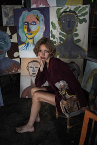 "Coincidencia?" Suede Blazer - Punta Loca Fitted Blazer,  Crafted from premium burgundy suede, this blazer showcases pronounced shoulders, peak lapels, and functional flap pockets.