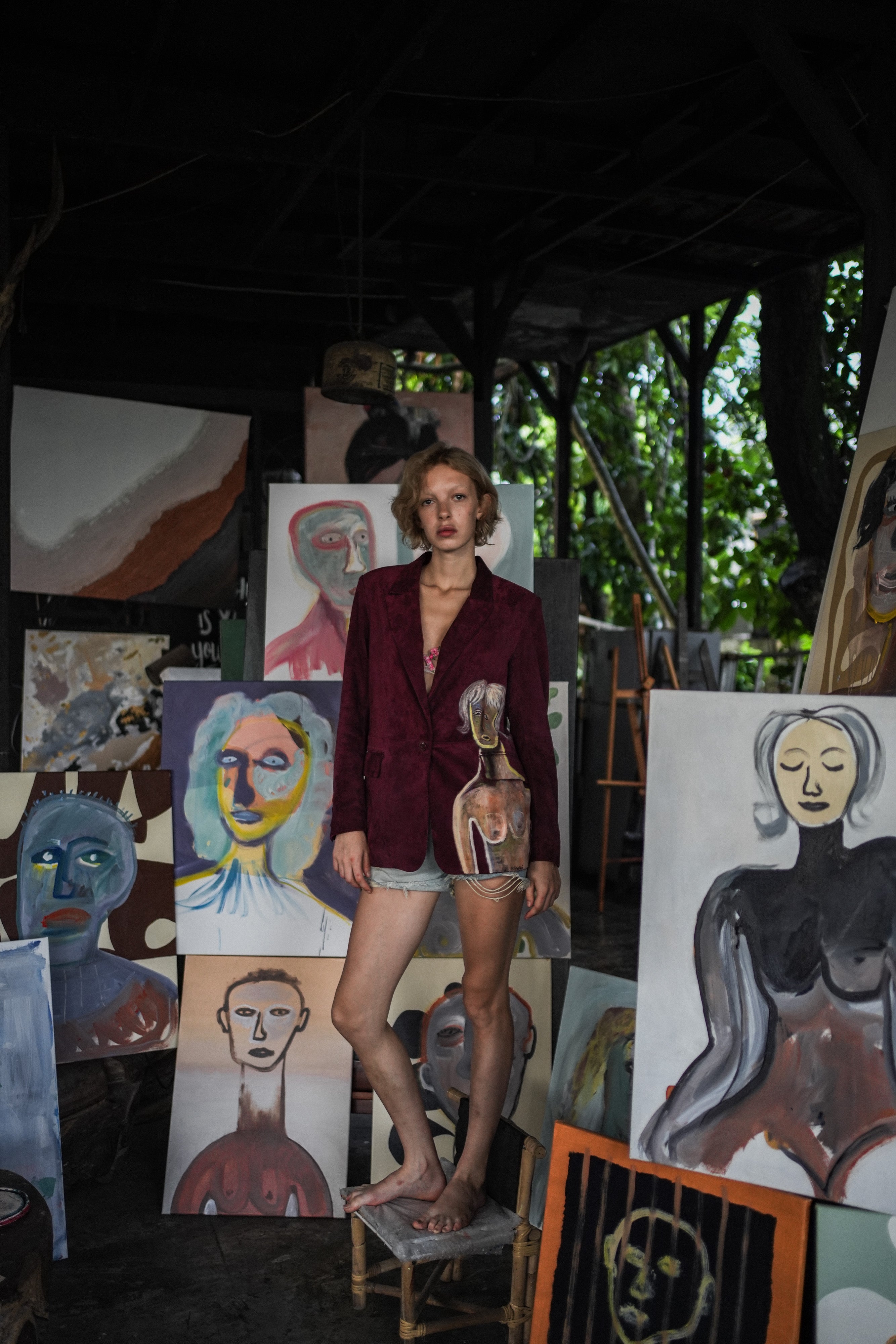 "Coincidencia?" Suede Blazer - Punta Loca Fitted Blazer,  Crafted from premium burgundy suede, this blazer showcases pronounced shoulders, peak lapels, and functional flap pockets.