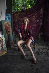 "Coincidencia?" Suede Blazer - Punta Loca Fitted Blazer,  Crafted from premium burgundy suede, this blazer showcases pronounced shoulders, peak lapels, and functional flap pockets.