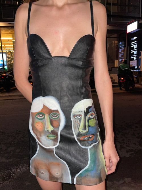 Hand-painted leather mini dress detail close-up by Basugi — Coincidencia by Punta Loca