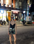 Hand-painted black leather mini dress styled, 1/1 wearable art by Basugi — Punta Loca