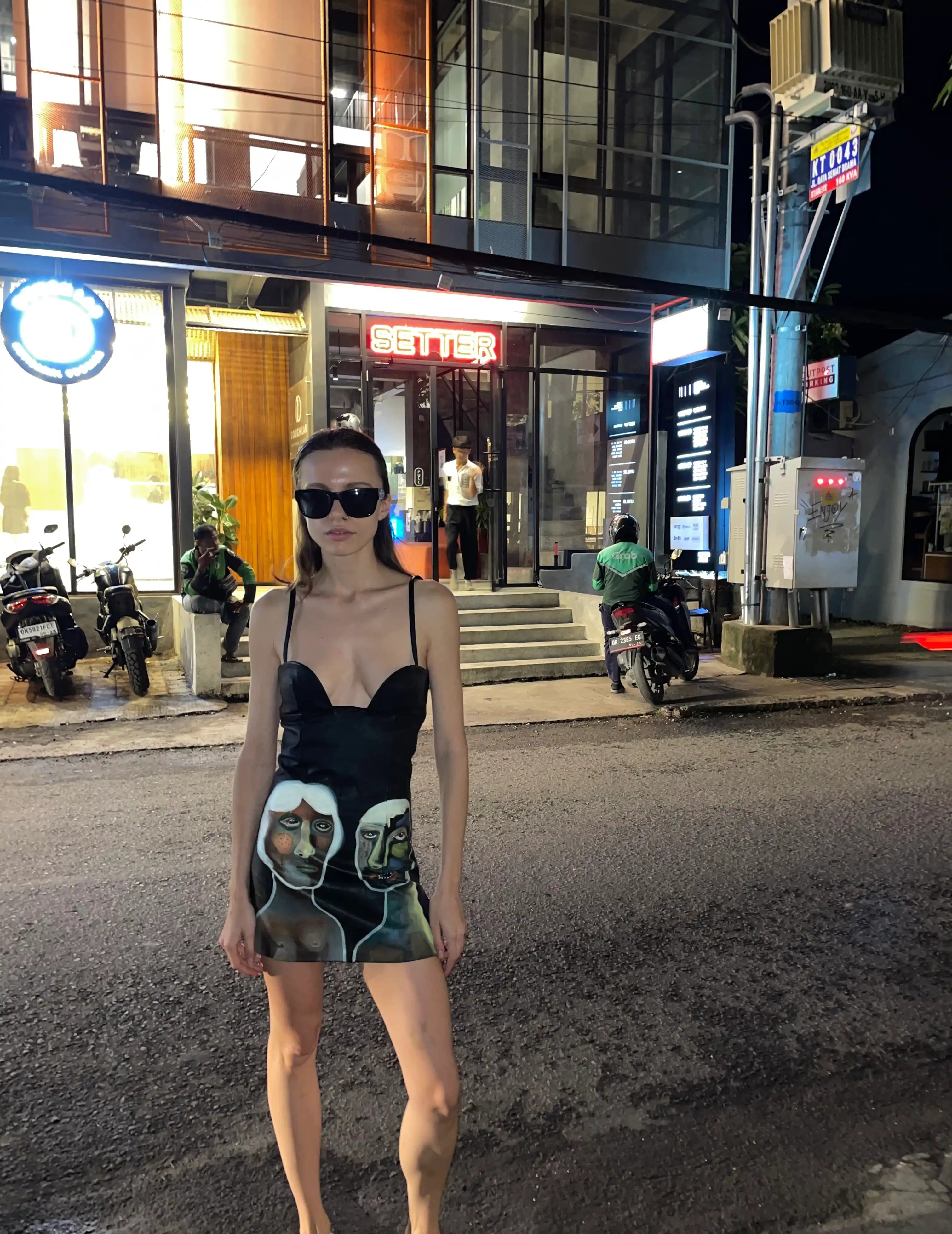 Hand-painted black leather mini dress styled, 1/1 wearable art by Basugi — Punta Loca