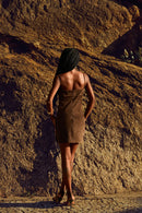 Coincidencia hand-painted brown suede dress detail, 1/1 by Basugi — Punta Loca