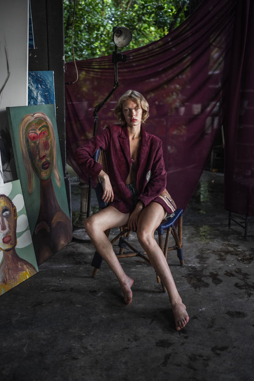Coincidencia hand-painted suede blazer detail, 1/1 by Basugi — Punta Loca