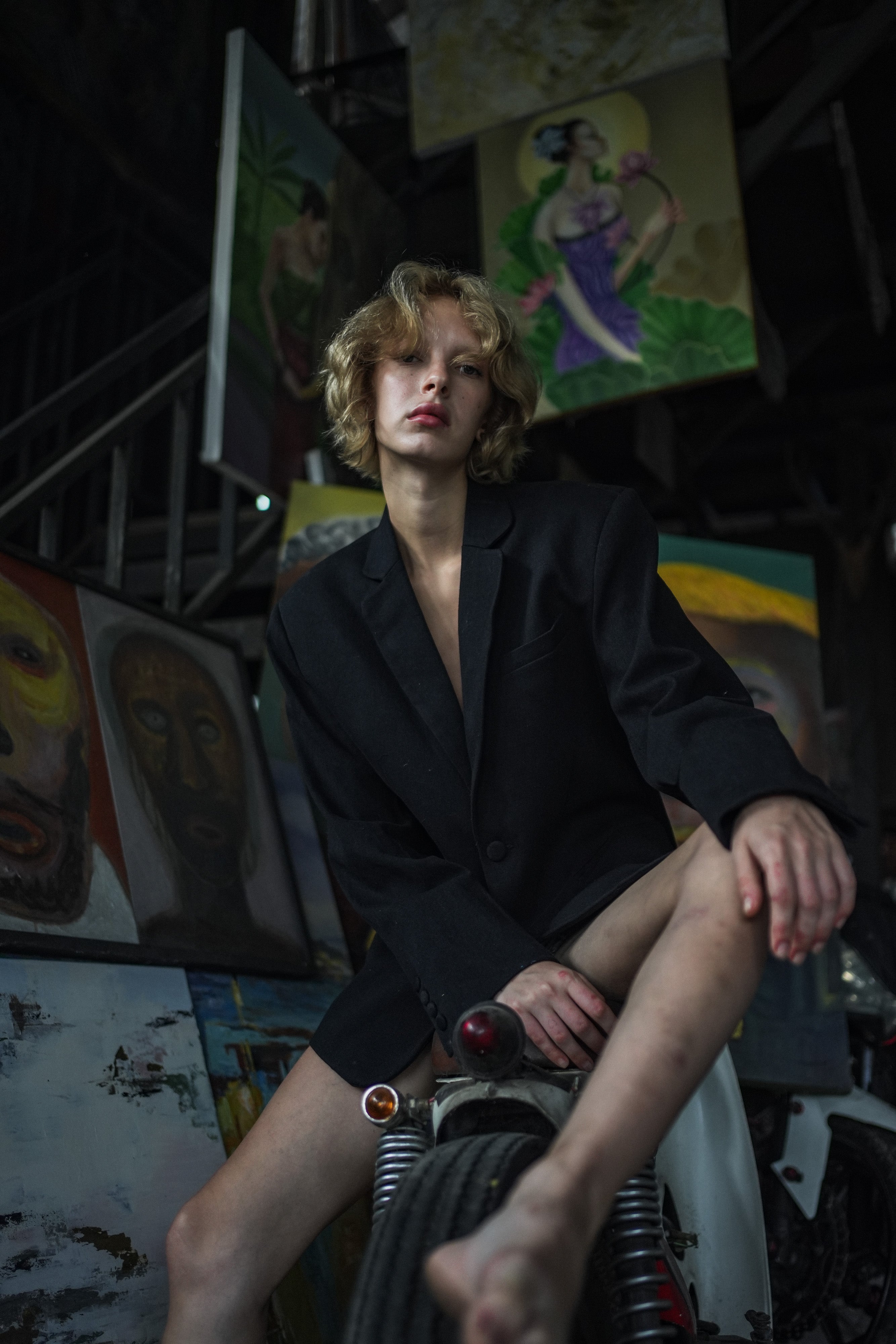 Coincidencia hand-painted black denim blazer detail, 1/1 by Basugi — Punta Loca
