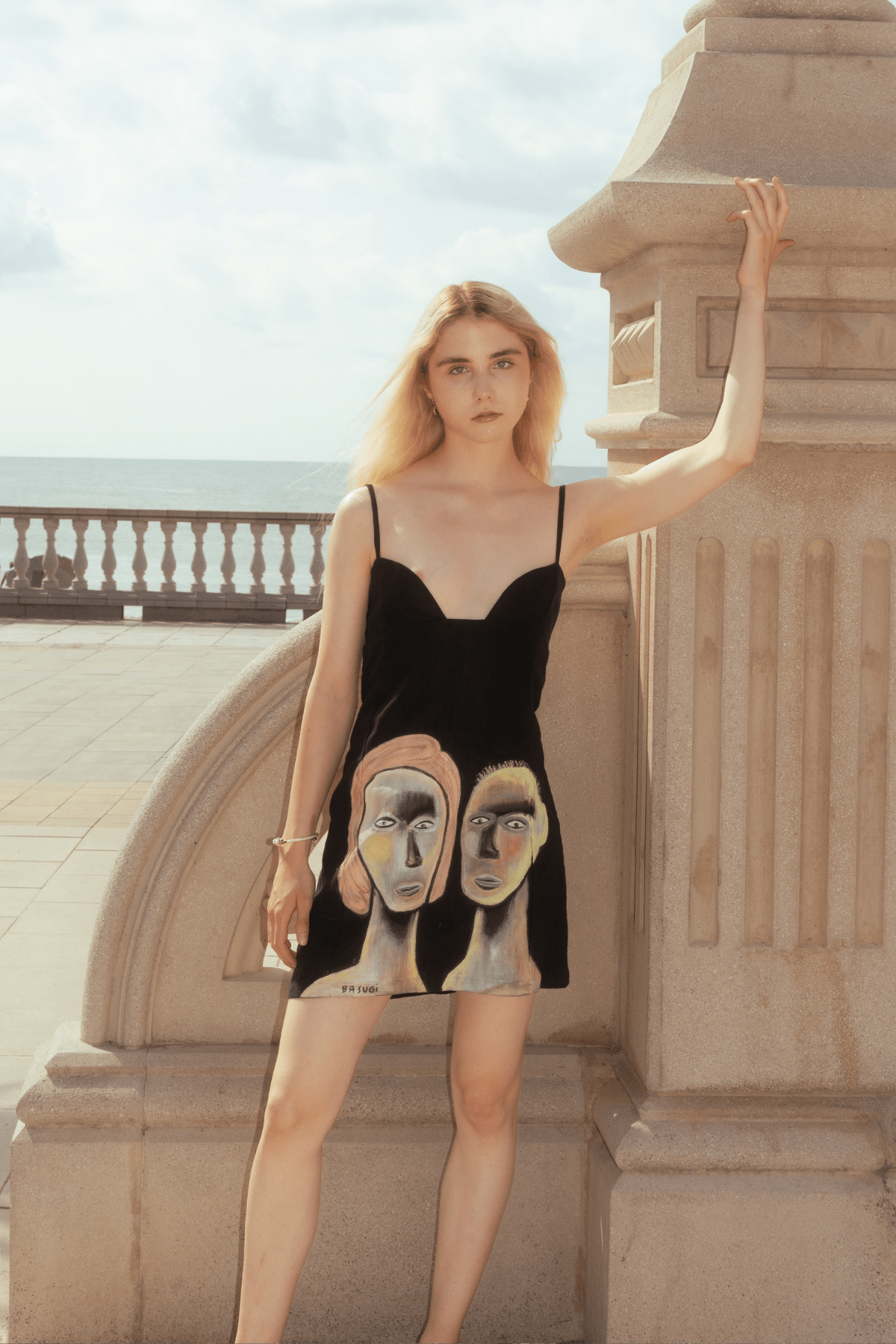 Coincidencia hand-painted linen dress 1/1 side view by Bali artist Basugi — Punta Loca