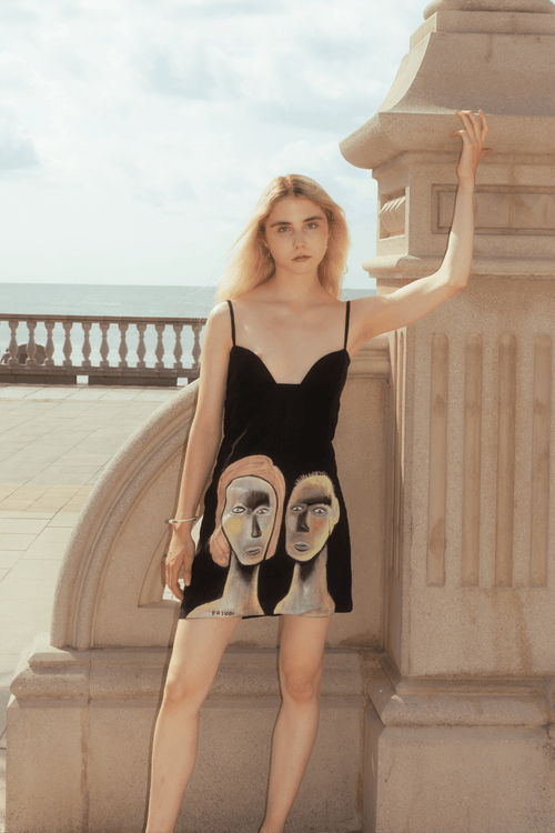Coincidencia hand-painted linen dress 1/1 side view by Bali artist Basugi — Punta Loca
