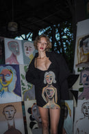 Coincidencia hand-painted linen dress 1/1 brushwork close-up by Basugi — Punta Loca