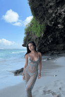 Lustrous macramé dress with sequins knotted into the weave — Cala Loca by Punta Loca