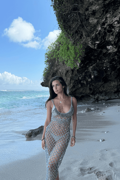 Lustrous macramé dress with sequins knotted into the weave — Cala Loca by Punta Loca