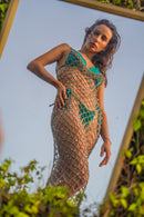 Lustrous macramé dress weave detail close-up, handwoven in Bali — Cala Loca by Punta Loca