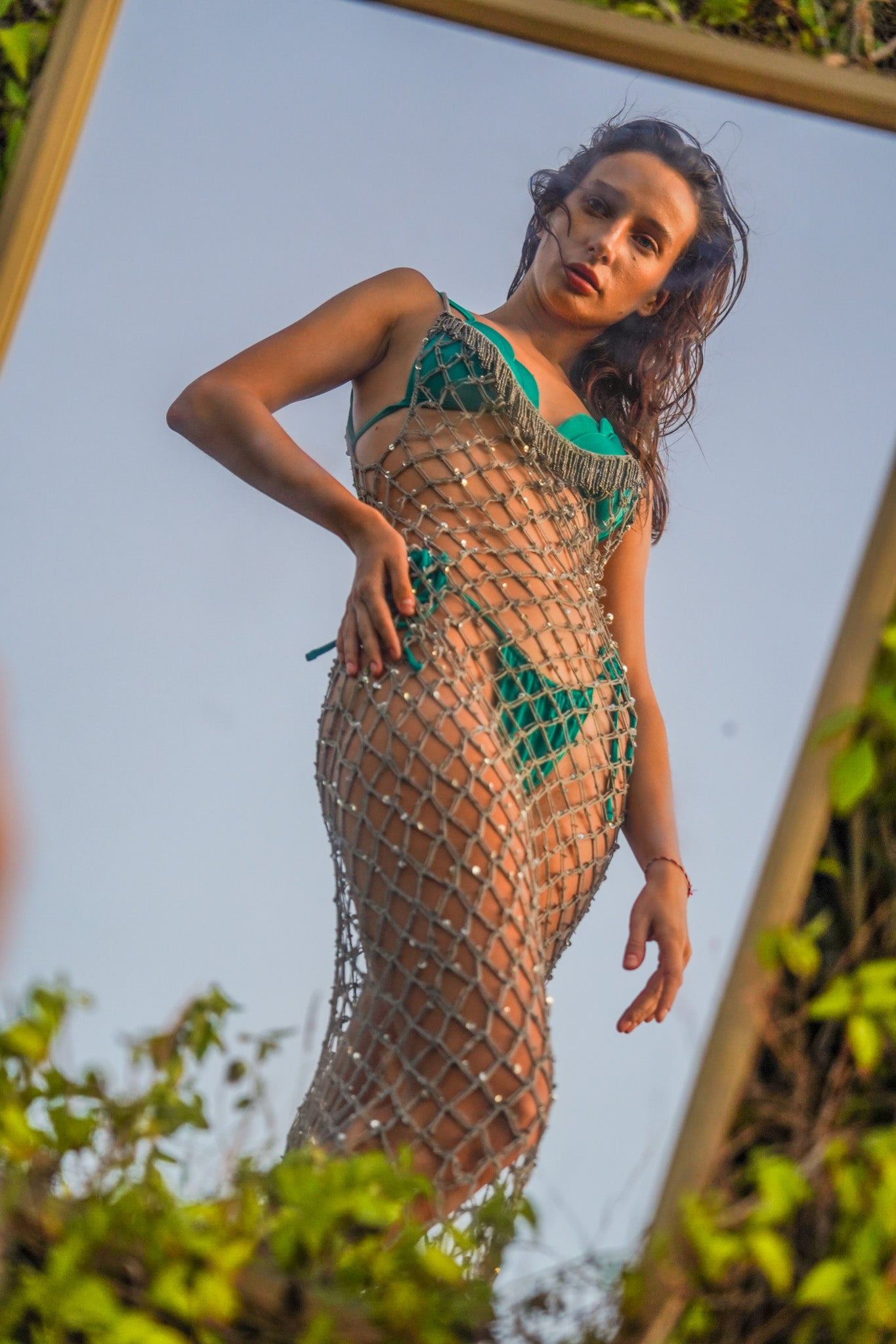 Lustrous macramé dress weave detail close-up, handwoven in Bali — Cala Loca by Punta Loca