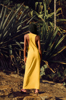 Menita maxi dress electric mustard front detail — Punta Loca