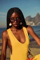 Menita maxi dress electric mustard styled, V-silhouette — Punta Loca