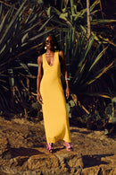 Menita maxi dress in electric mustard, V-neck premium cotton — Punta Loca