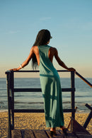 Menita maxi dress midnight green back view, deep V back — Punta Loca