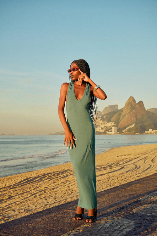 Menita maxi dress in midnight green, V-neck premium cotton — Punta Loca